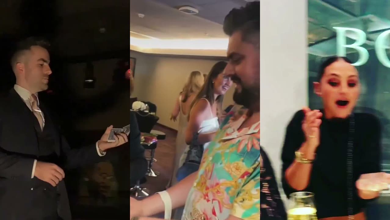 Three phone videos side by side: Jamie flicks a card at a dark launch party, a guest stares at her hand, a guest gasps under a Boodles sign